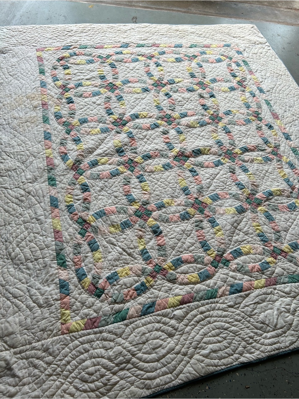 Vintage handmade White Patchwork Double Wedding Ring Quilt with Pastel Accents